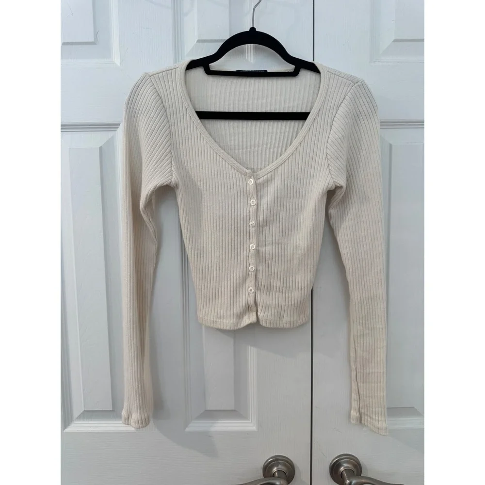 Brandy Melville Ribbed Cardigan Sweater Cream Off White V-Neck Button Front Top